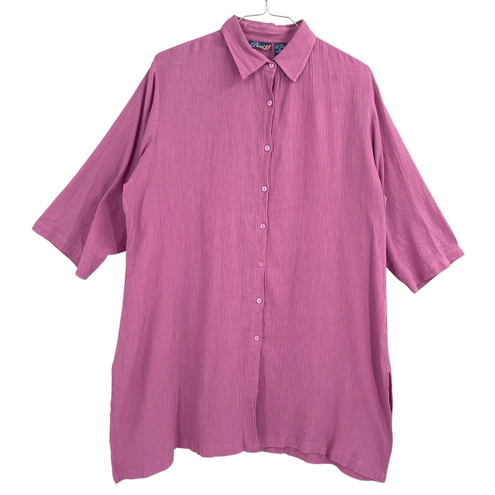 Phool Womens Button Up Tunic Rose Pink Crinkle Cotton Gauze Lagenlook Coastal XL